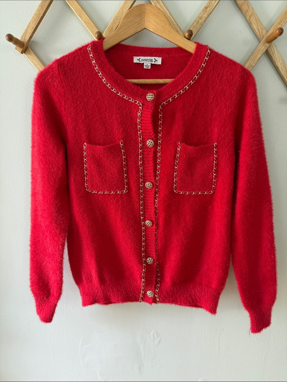 Nanette Nanette Lepore Red Fuzzy Cardigan S Gold Chain Trim Button Sweater